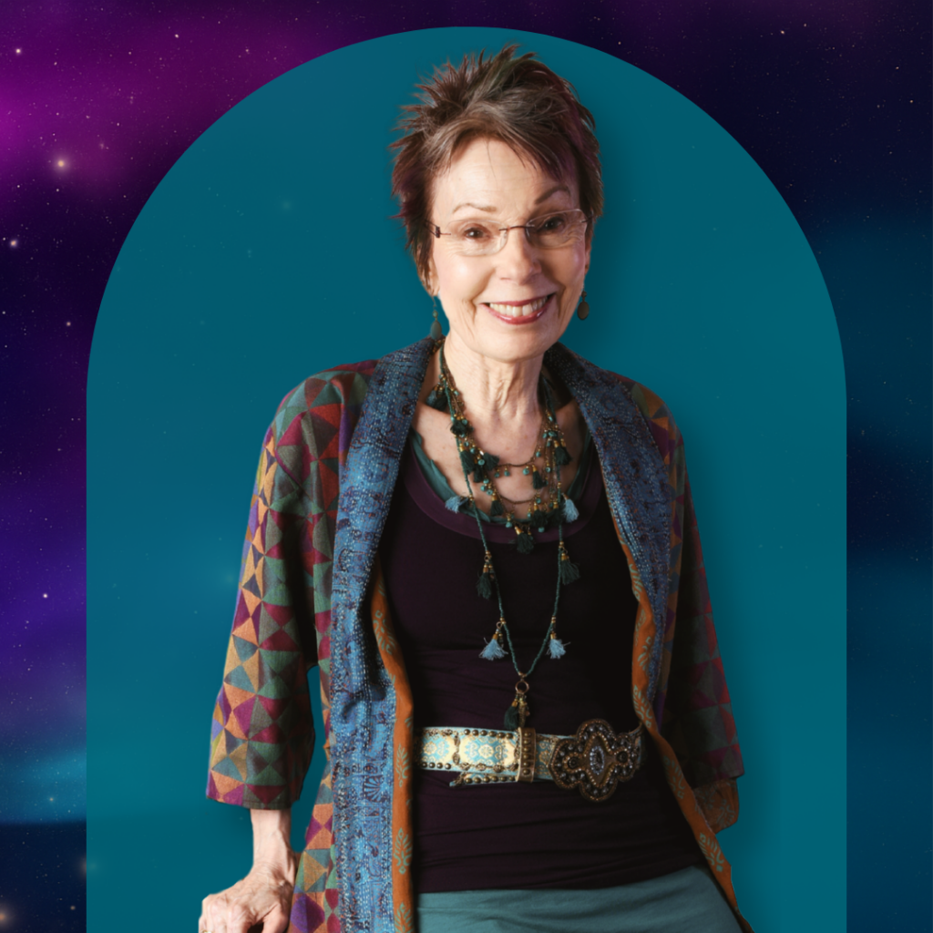 Anne Sagendorph-Moon posing in front of a teal arch with purple background